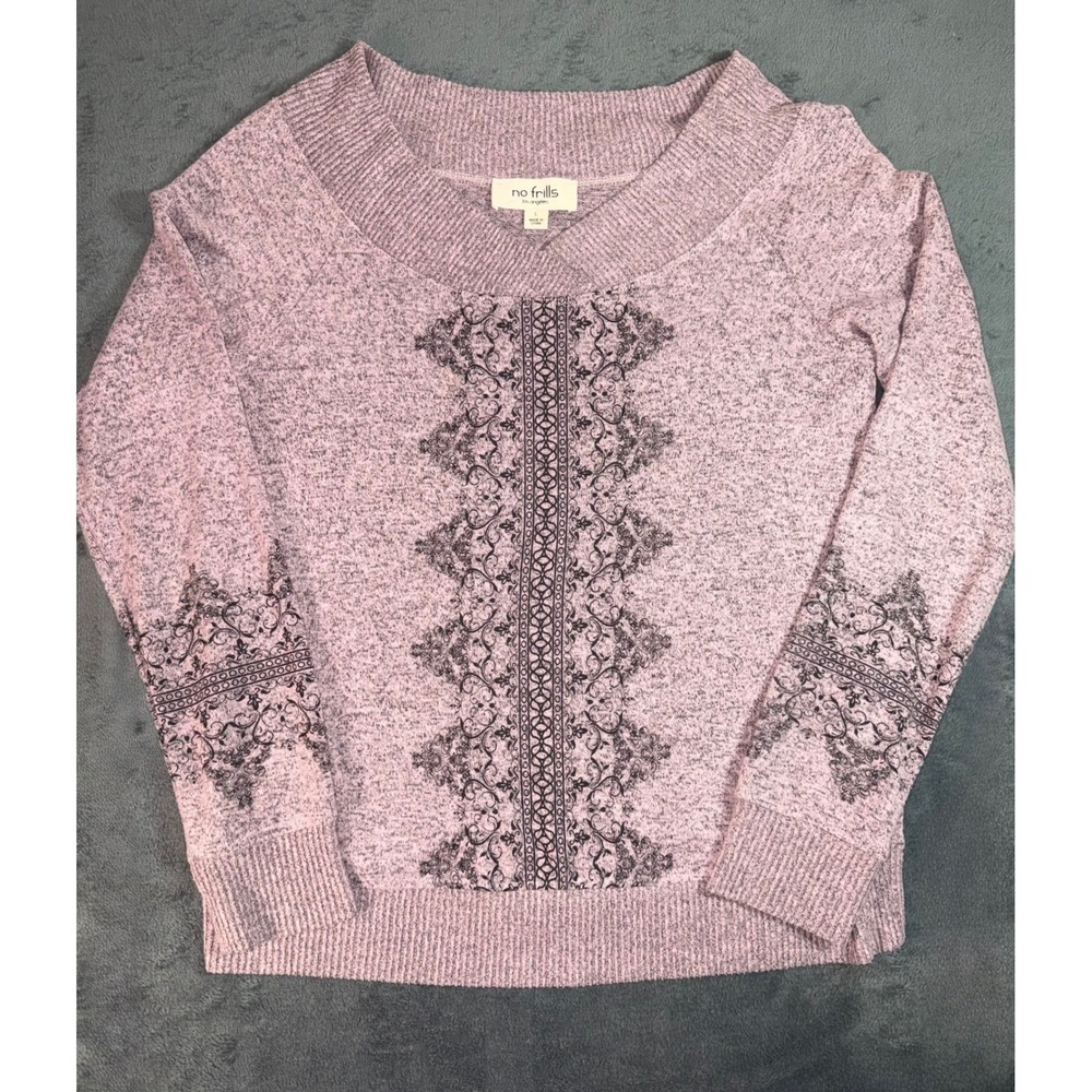 No Frills Los Angeles Lavender Knit Sweater Graphic Damask Print V-Neck Large